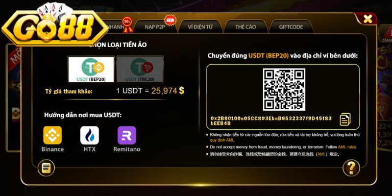 Nạp Tiền Go88 - Hướng Dẫn Chi Tiết Cách Thực Hiện Chuẩn 2 Người chơi có thể nạp nhanh qua ví USDT